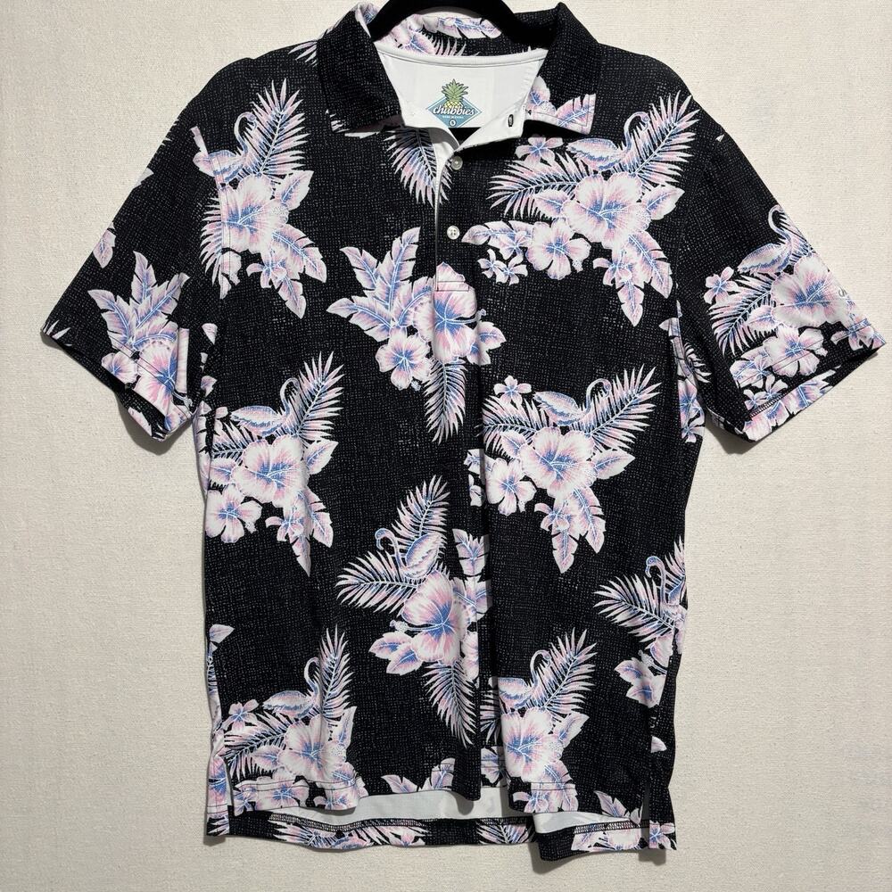 Chubbies Hawaiian Golf Polo Shirt Mens Small Black Pink Flamingos Short Floral